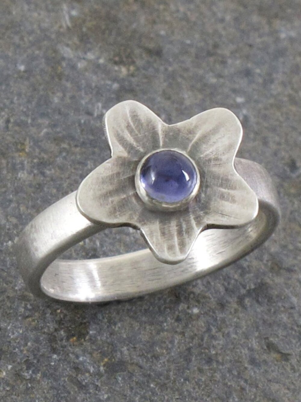 Sterling Silver 925 Flower Ring with Iolite, Size 5 3/4, Artisan Made